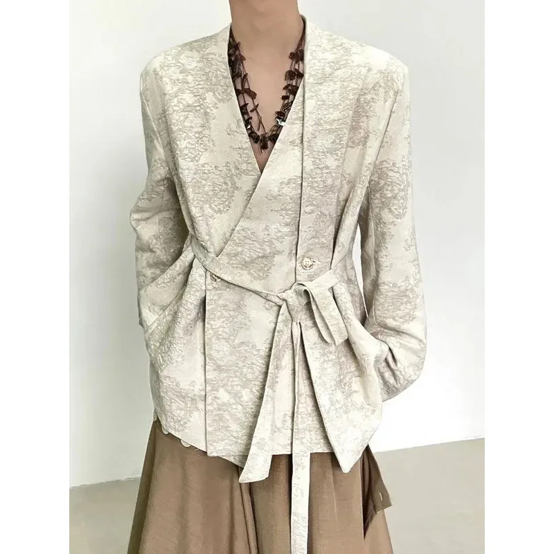 

Новое традиционное мужское серые свадебное пальто в китайском стиле с V-образным вырезом и рисунком чернил и стирки, пиджак, костюм в стиле Instagram, жаккардовое пальто2025