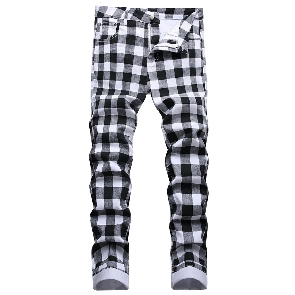 Men\'s Black and White Plaid Printed Jeans Fashion Check Digital Print Slim Straight Pants Stretch Trousers