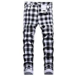 Men's Black and White Plaid Printed Jeans Fashion Check Digital Print Slim Straight Pants Stretch Trousers