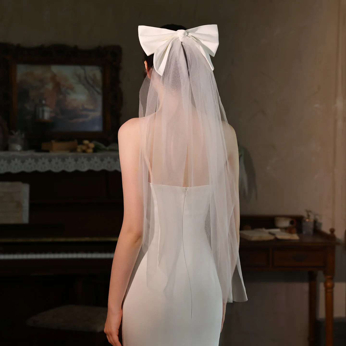 

V518 White Bow Bridal Veil Single-Layer Short Style Wedding Photo Shoot Headpiece