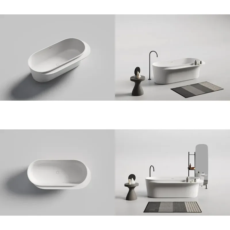 High End Art Artificial Stone Bathtub Free Standing Oval Tub with Integrated Shelving Multiple Color Options