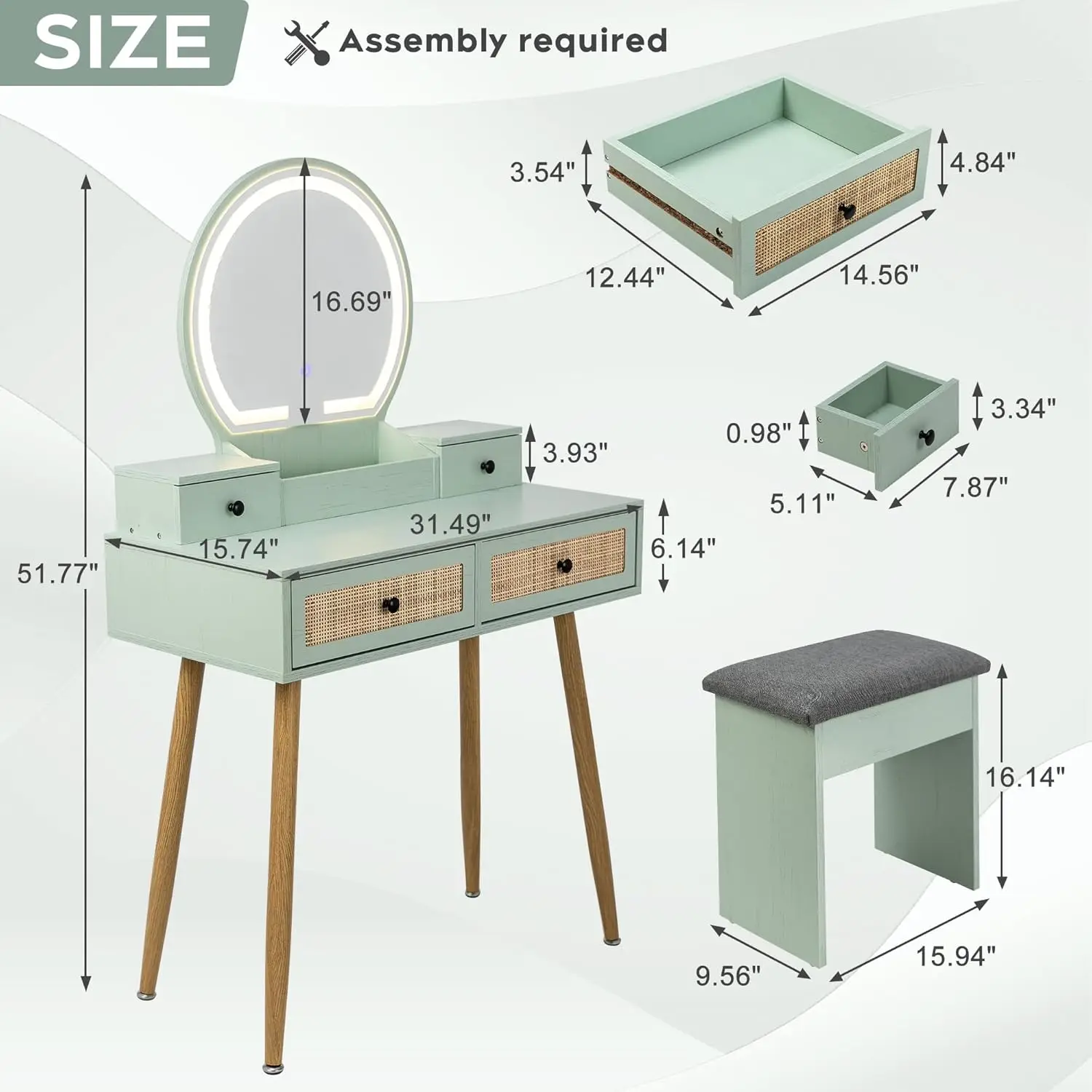 Bedroom Natural Rattan Mint Vanity Desk with Adjustable Lighted Mirror view 6