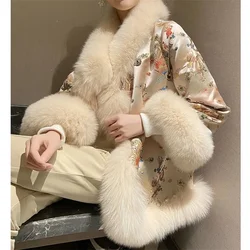 2026 Autumn Winter Outwear New Fox Fur Coat Women's Chinese Style Palace Satin Mid-Length Beaded Tang Suit Cloak Faux Fur Coat