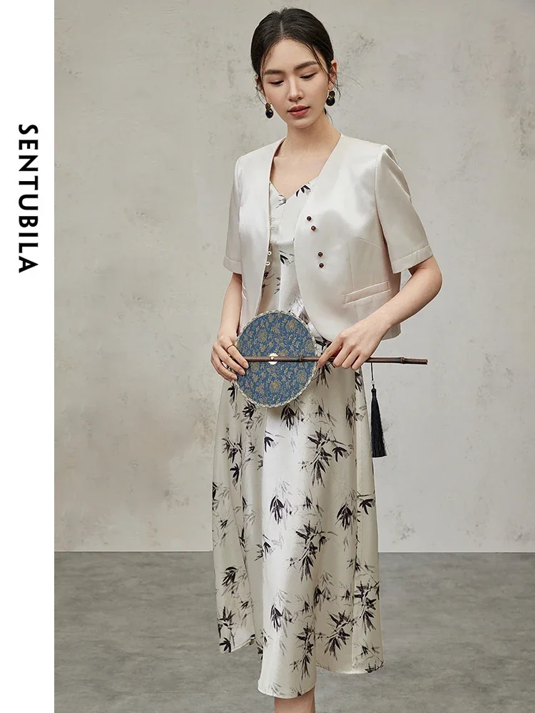 

SENTUBILA New Chinese Style Women's Suit 2025 Summer Short Sleeve Top Printed Camisole Dress 2 Piece Set Woman Outfit 142Z54165