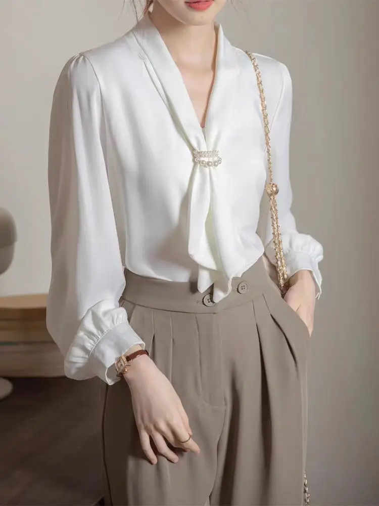 2025 Fashion Satin Blouse Women Tops Office Ladies Long Sleeve White Elegant Female Shirts With Tie V Neck Loose Clothing New