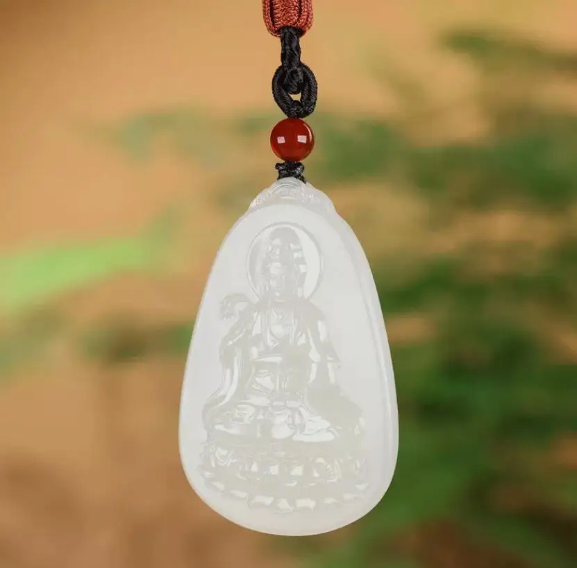 Chinese Natural Goat oil white HeTian Jade jadeite Hand-Carved pendant GuanYin