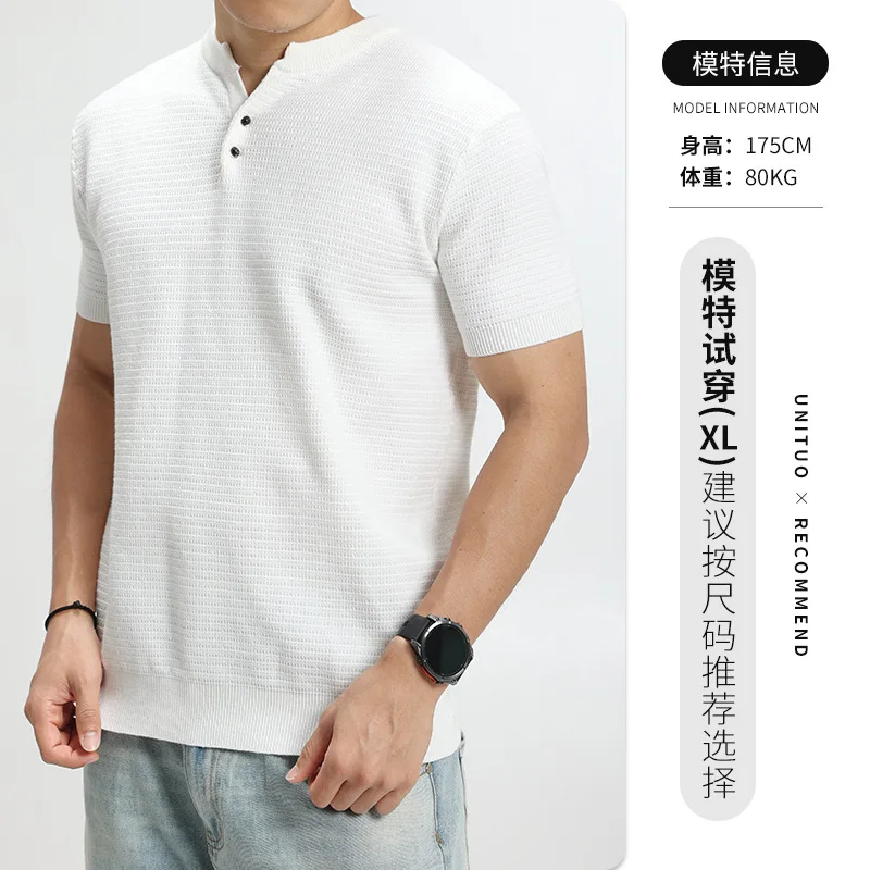 2026 Summer New Men's Short Sleeved Knitted T-shirt Polo Shirt Fashion Retro Henry Collar Business Casual Tops T-shirt for Men