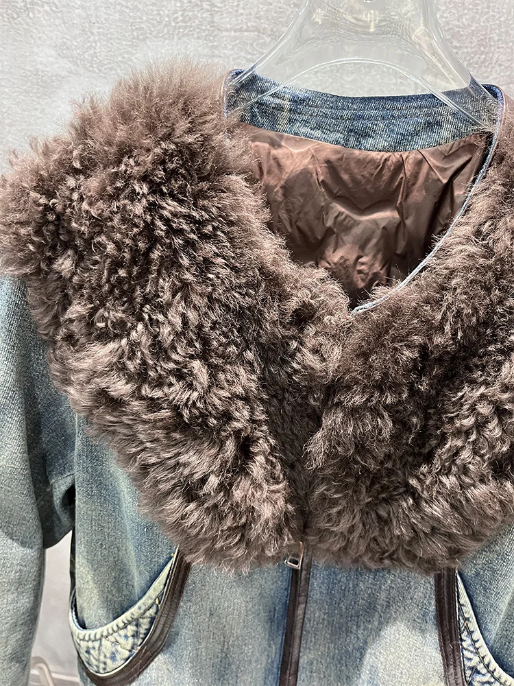 Nueva chaqueta de plumas de ganso de invierno para mujer, abrigos con cuello de piel de oveja de cordero auténtica Natural, prendas de vestir vaqueras, chaqueta femenina de lujo