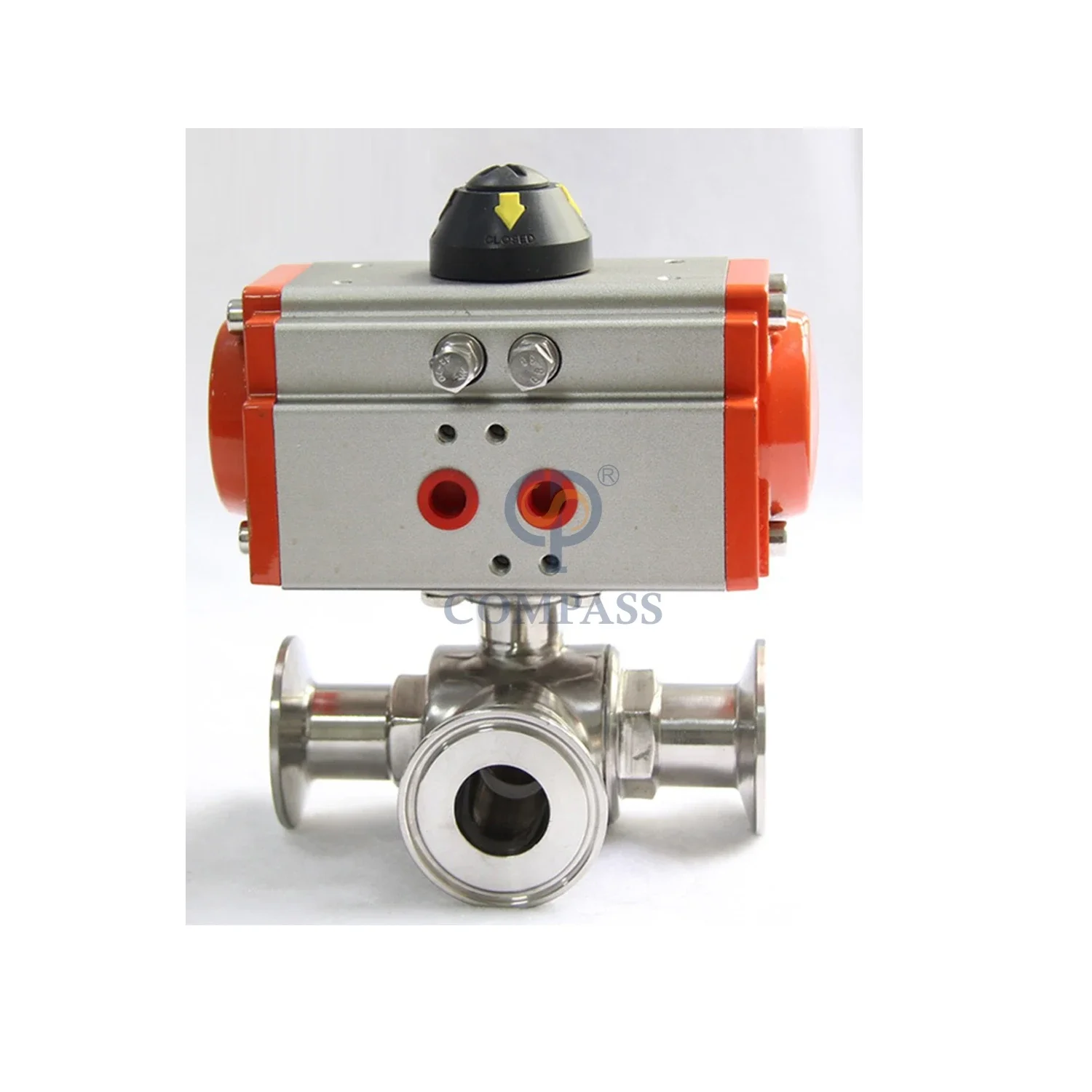 

Aluminum Double Acting Pneumatic Actuator Stainless Steel Sanitary Hygienic Pneumatic T Port Three Ways Tri Clamp Ball Valve