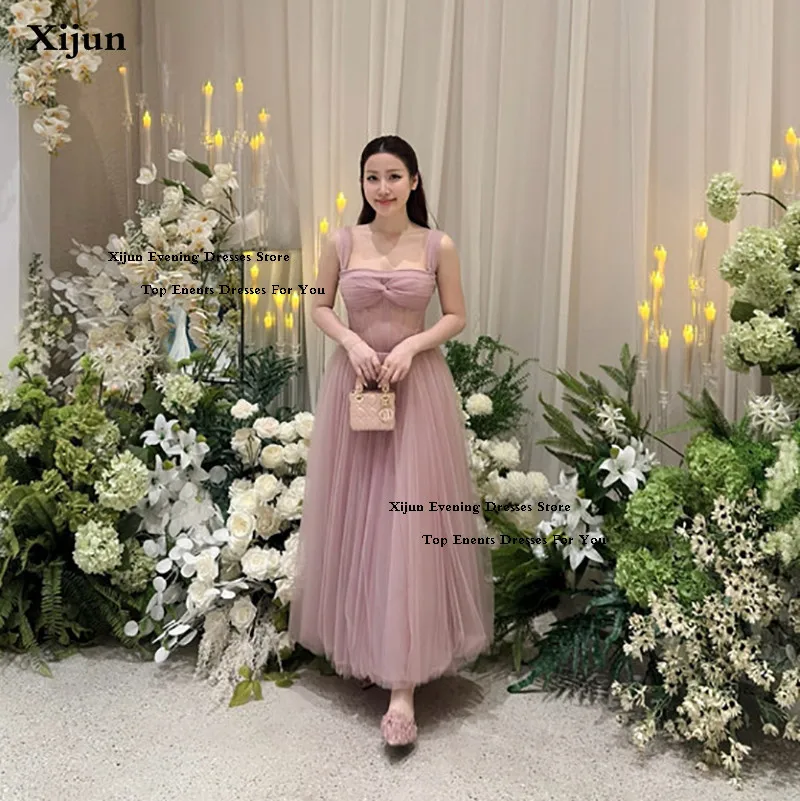 Xijun rosa vestidos de noite uma linha babados tule vestidos de baile cinta espaguete estilo coreano tornozelo comprimento vestidos de baile personalizado