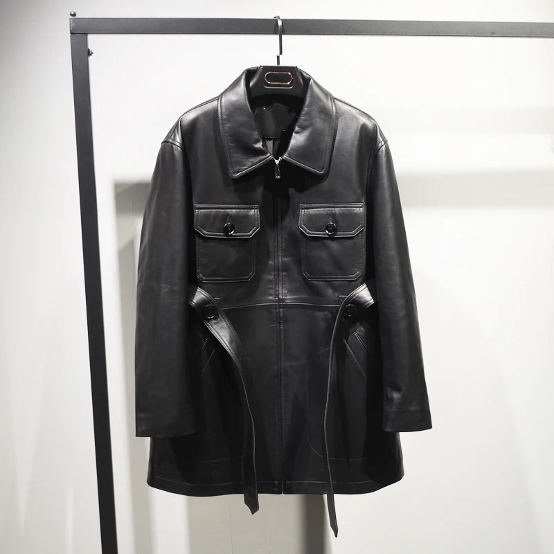 Natural Sheepskin Coat for Women Lapel Zipper Pocekts Black Mid-Length Windbreaker Stylish Casual Long Sleeve Leather Jacket