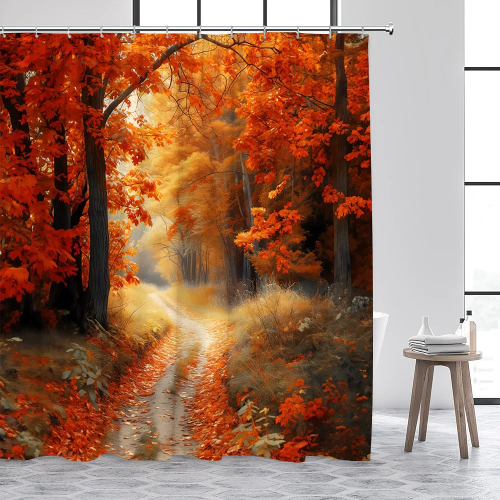 Autumn Forest Shower Curtains Red Maple Trees Falling Leaves Road Fall Landscape Fabric Home Bathroom Curtain Decor With Hooks