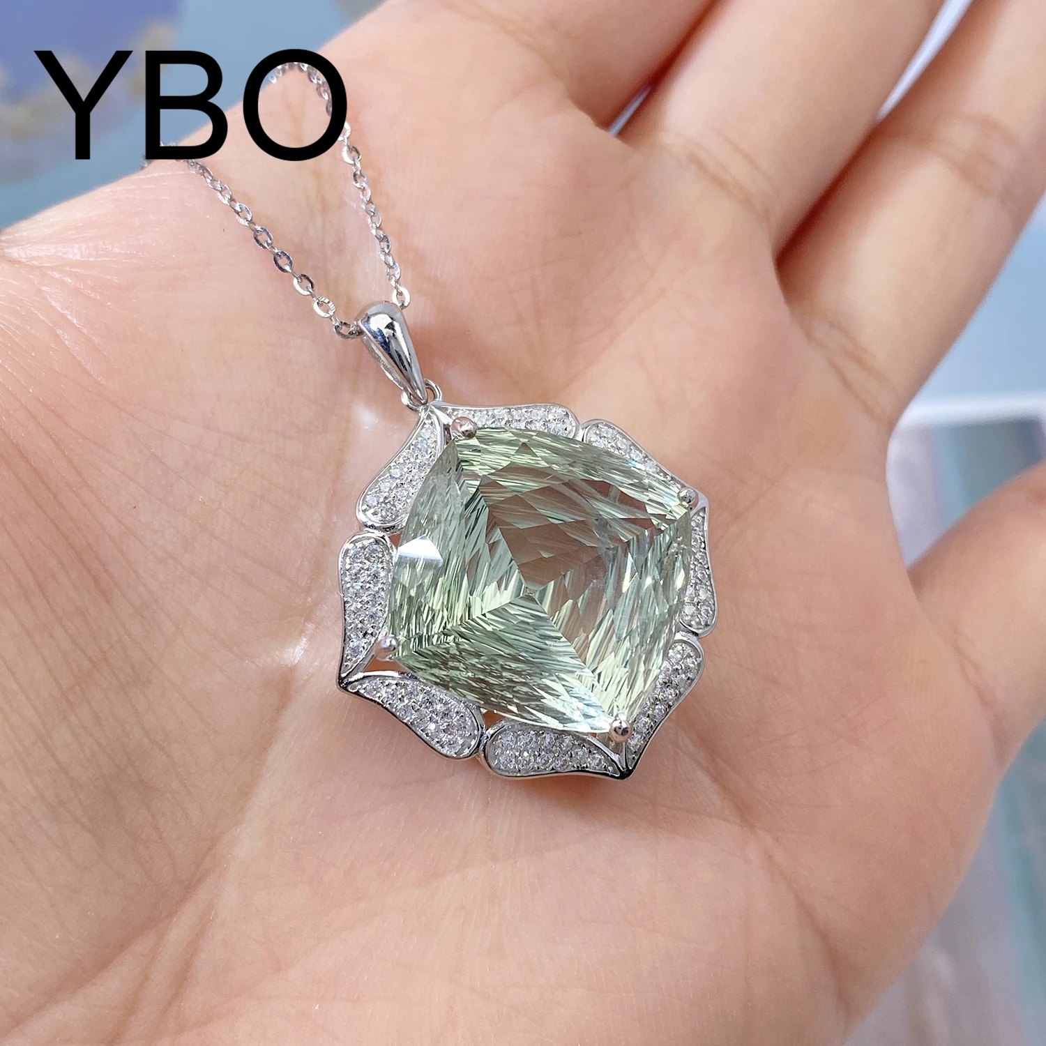 

YBO 17MM Natural Green Amethyst Pendant Necklaces For Women 925 Sterling Silver Gemstones Necklaces Wedding Party Luxury Jewelry