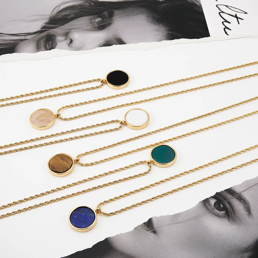 ENFASHION Collares Para Mujer Natural Stone Disk Pendant Necklace For Women's Stainless Steel Fashion Gold Color Jewelry P243439