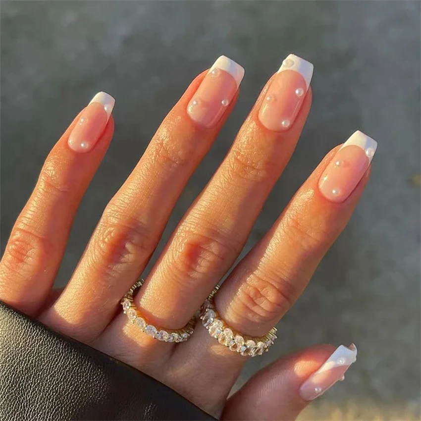 24Ps/Set French Collection Fashion Press on Nail White Edge Nude Pink Pearl Design Wearing False Nails Short Flat Fake Nail Tips