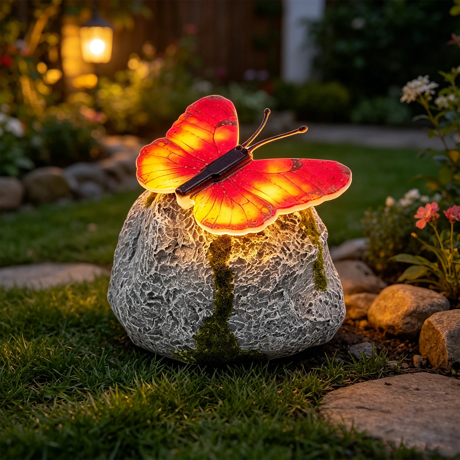 Solar Butterfly Garden Statue with Sparkling Light-Up Wings Simulation Stone for Outdoor Yard Patio Decor for Women Mom Grandma