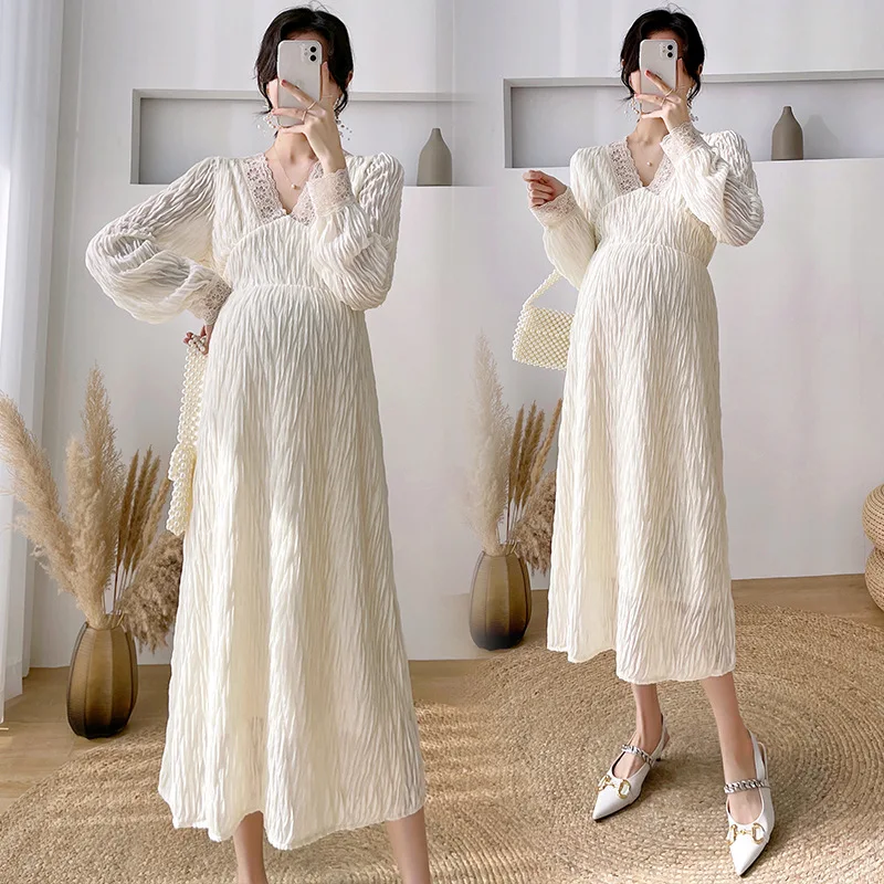 

Lace Pregnant Dress Maternity Clothes Autumn Pregnancy Long Dresses Loose Fit V Neck Casual Maternity Clothings