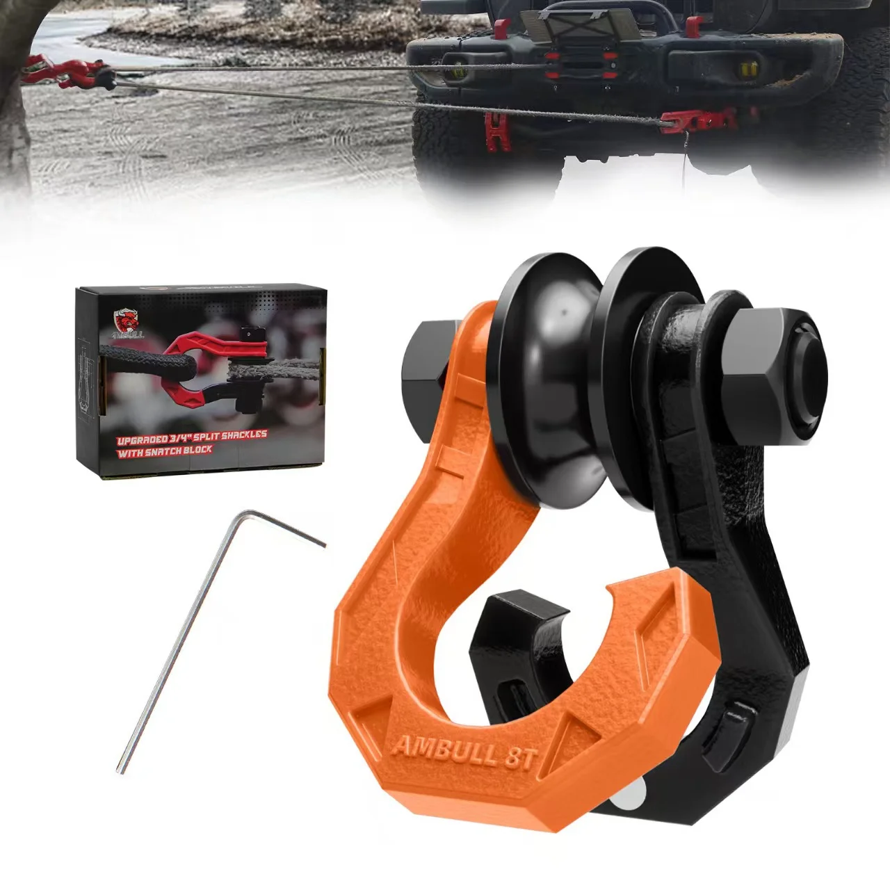 Pulley Shackle Off road Vehicle Trailer Hook with Pulley Split Pulley Shackle Super Strong Tension 3/4 U-shaped Hook