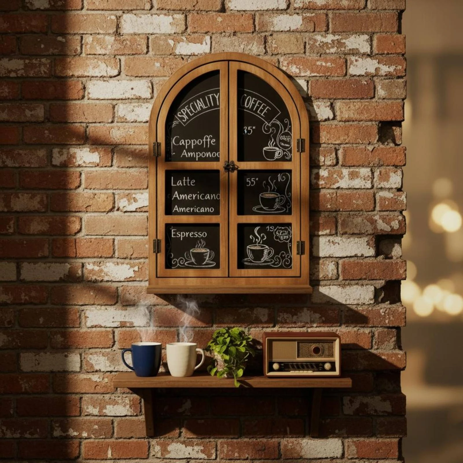 Arched Window Blackboard Wood Grain Wall Blackboard Menu Board Built-in Shelf Room Decor Paneled for Cafe