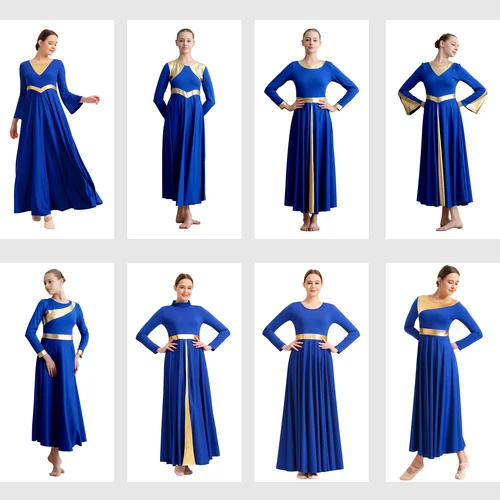 Vestido de baile litúrgico metálico para mujer, Ropa de baile lírico de manga larga, bata de Iglesia, disfraz de adoración, corte libre