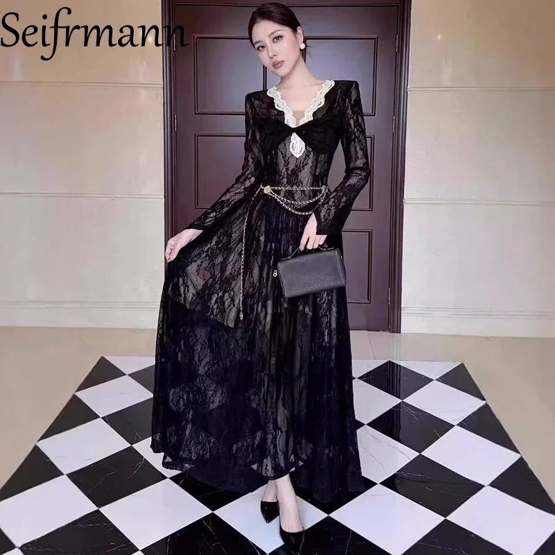 

Seifrmann 2026 Spring Women's New Fashionable V-neck Long Sleeve Lace Hollow Waist cinching Long Dress