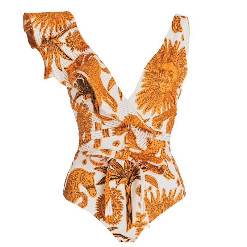 

High Quality Women One Piece Asymmet Swimsuit Ruffle Strap Wrap Push up Girls Swimwear 2022 Wholesale Bathing Suit Beachwear