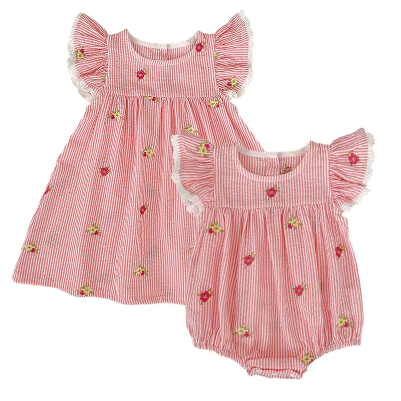 2026 Sommer 0-24M Baby Mädchen Flügelärmel Baumwolle Stickerei Baby Body 2-6 Jahre Süße Partykleider Schwesterkleidung – Detail 39
