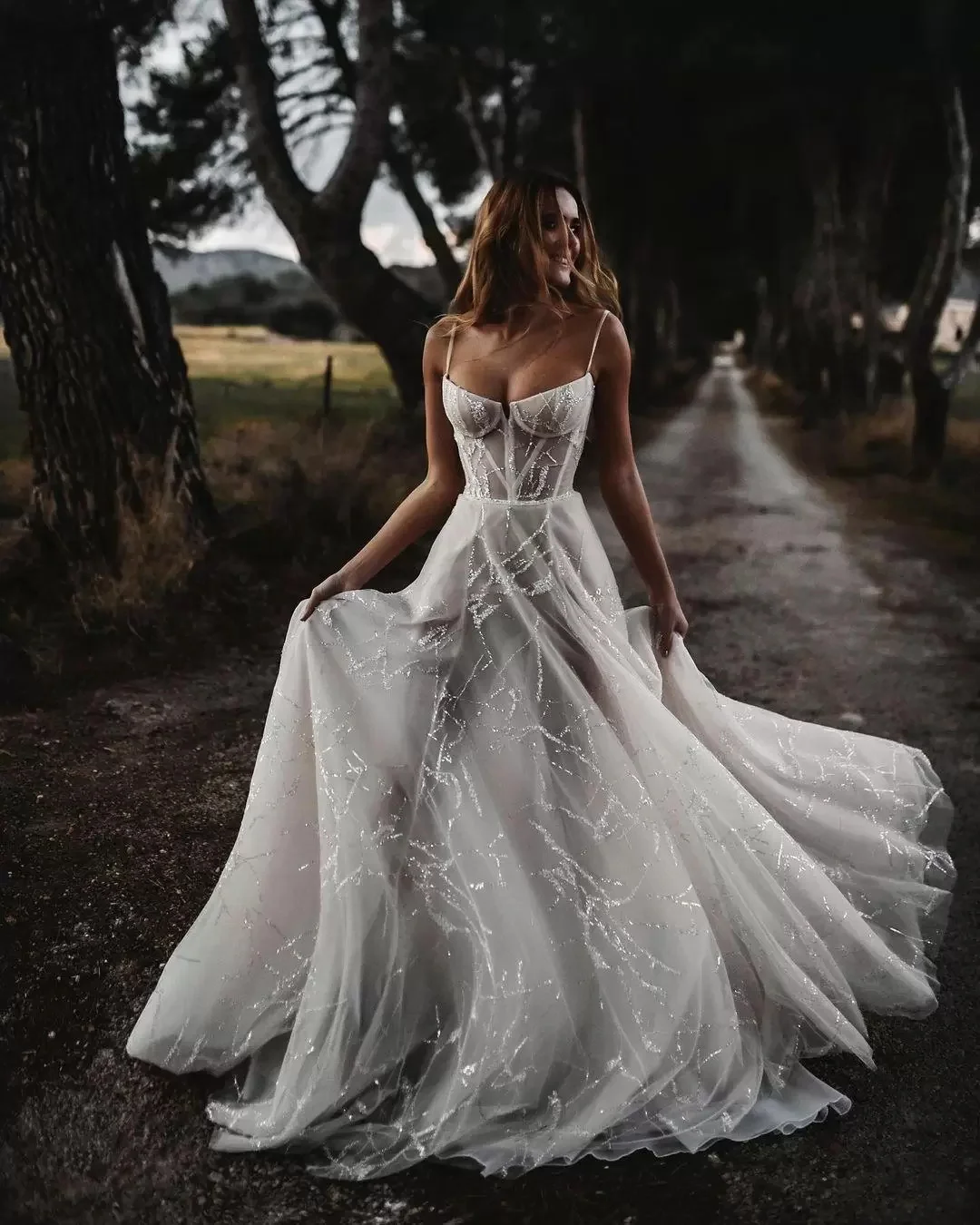 Vestido De Noiva Longo De Tule Boho, Vestidos De Noiva Frisados Sexy, Pescoço De Espaguete, Vestidos De Casamento De Linha A Cristal