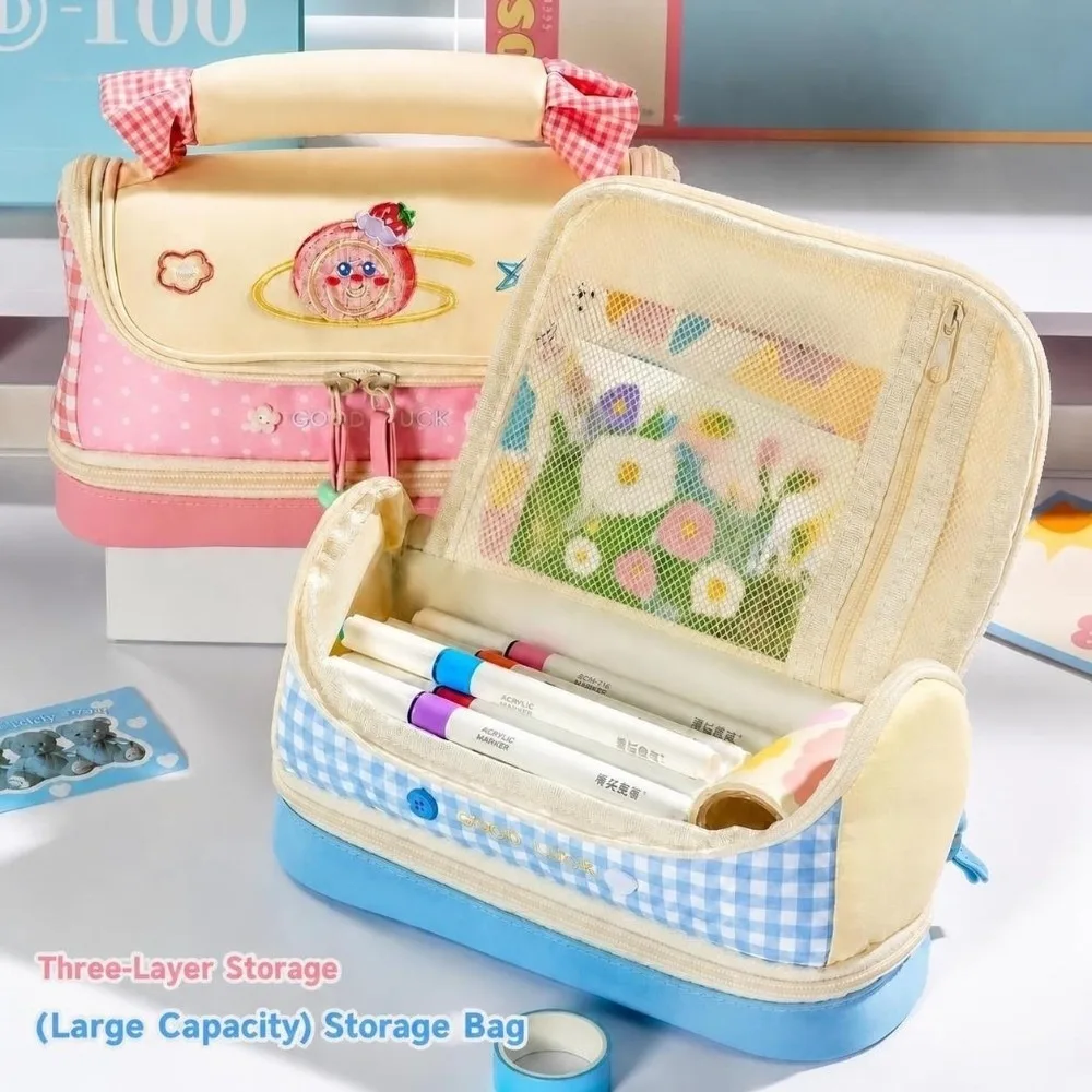 New INS Dopamine Color Pencil Case Plaid Embroidery Multi-Layer Stationery Organizer Large Capacity Portable Pen Bag for Student