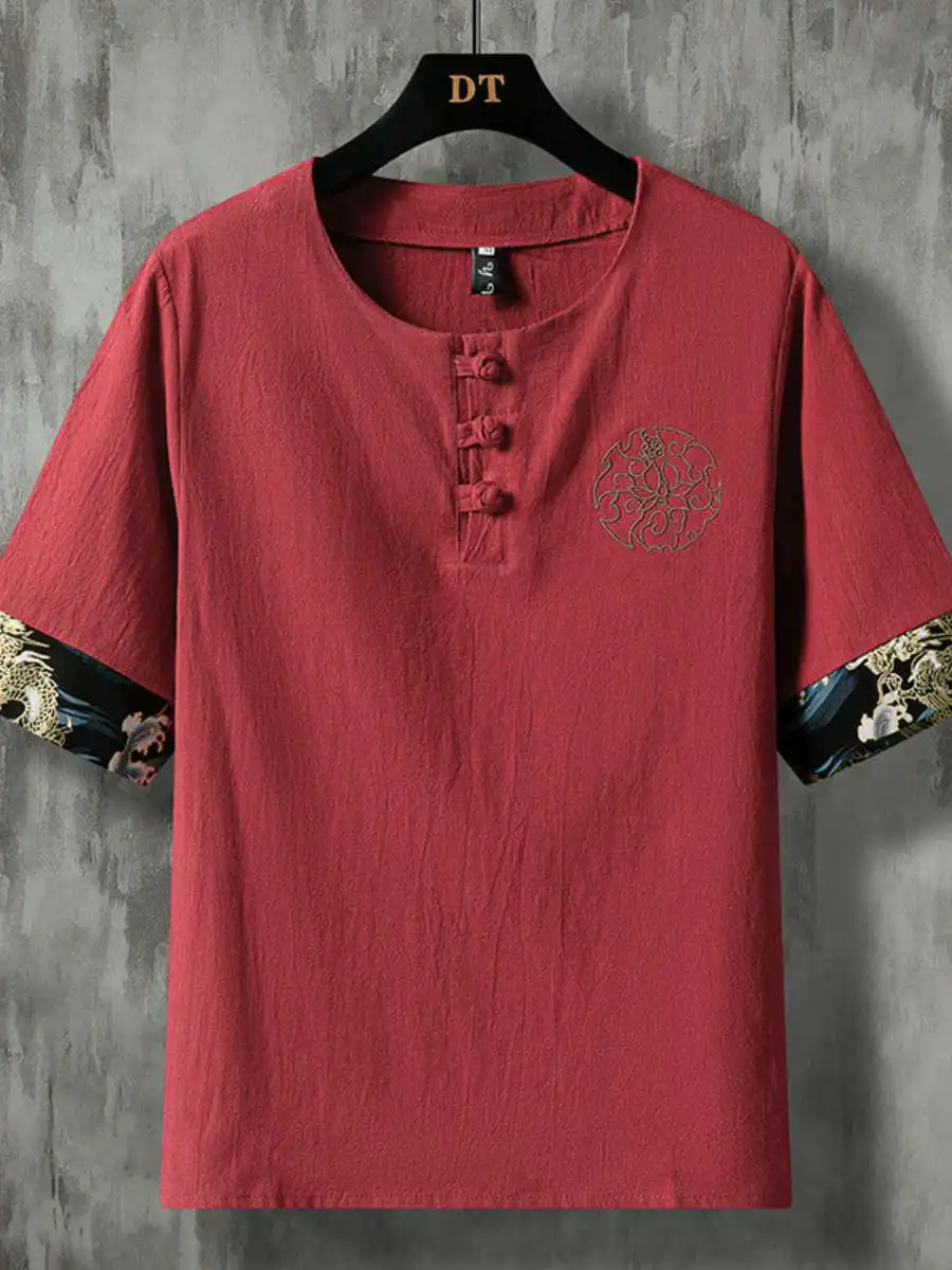 

New Cotton Linen ort Sve T-irt Men's Large Size Wind Tang Costume f Sve Chinese Sle Button Men's T-irt Ancie...