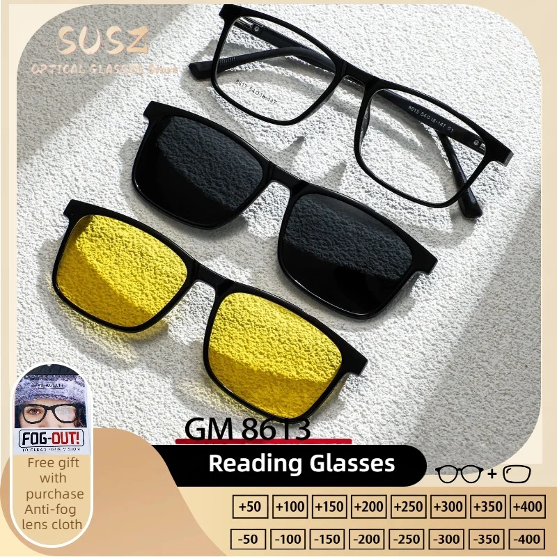 

SUSZ Fashion 3 In 1 Square Men Driving Safety Polarized Sunglasses Magnet Clip On Myopia Optical Prescription Reading Glasses