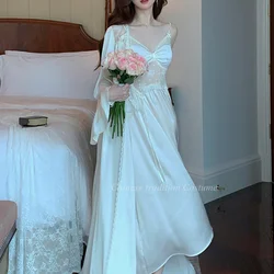 Female Satin Twinset Robe Set Retro Palace Style Nightgown Elegant Lace Kimono Gown Sweet Nightdress Long Bride Wedding Robe