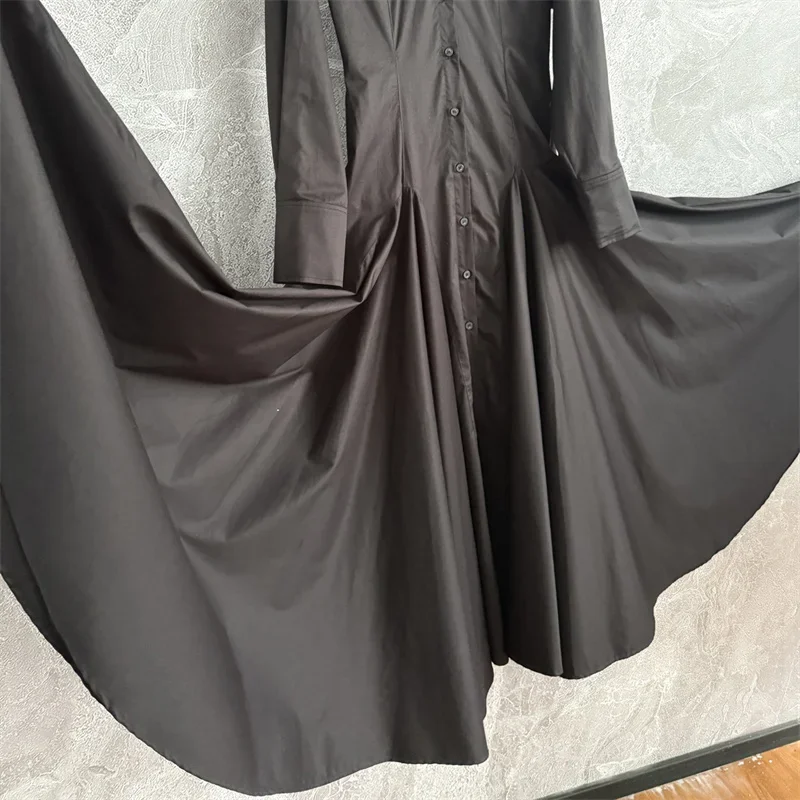 Vestidos femininos novo único breasted fino ajuste lapela vestido longo para o verão 2025 alta qualidade camisa de algodão puro vestido midi vestidos