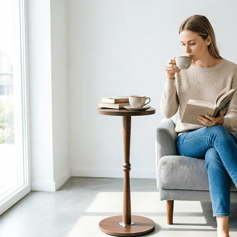 Small Side Table Living Room, Brown Round Corner Table for Small Spaces, Coffee Table with Pedestal Accent for Living Room