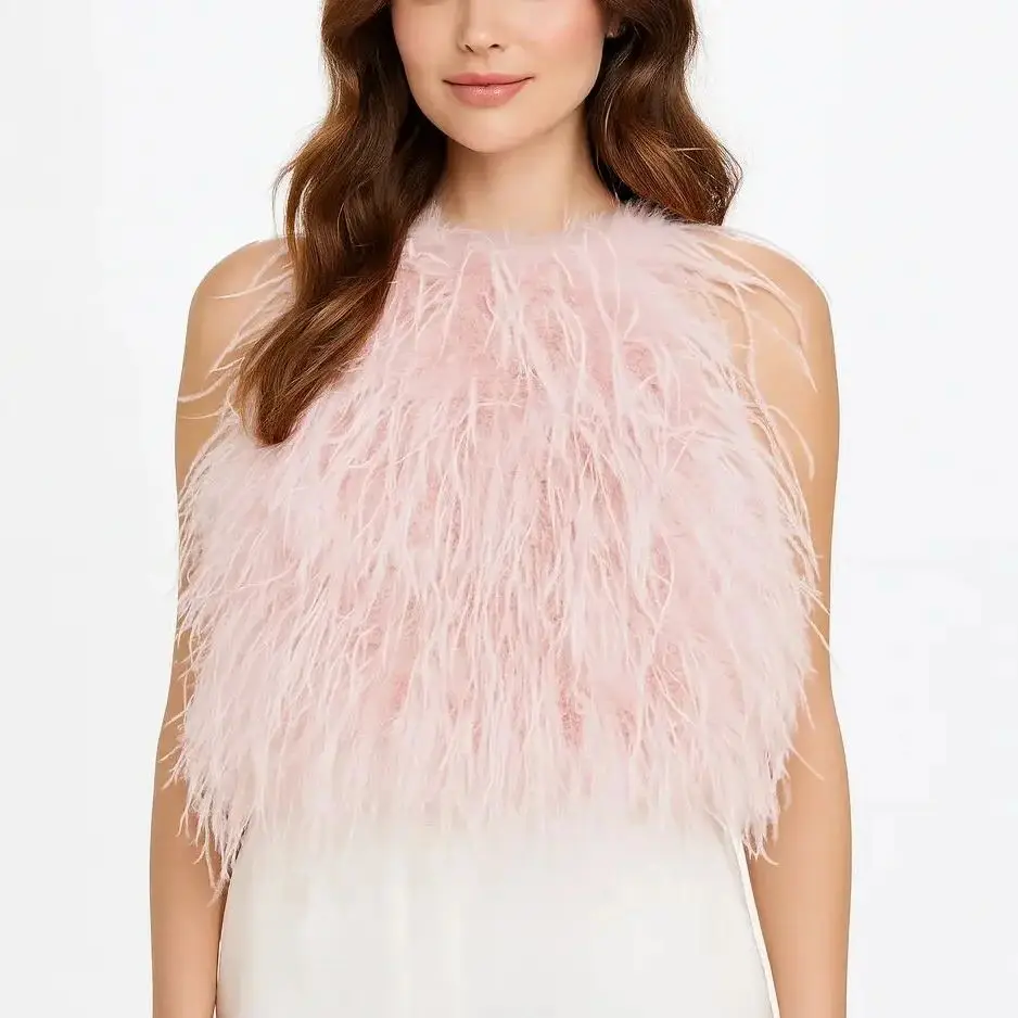 

Womens Halter Tank Tops Summer High Neck Sleeveless Tops With Ostrich Feather 220619