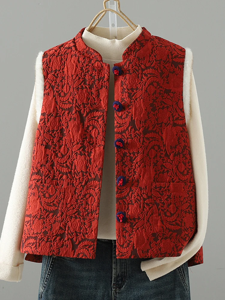 

New Chinese Sle Large Size Embroidered Jaet Thiened Cotton Svel Outerwear for Women Stand Collar Single Button