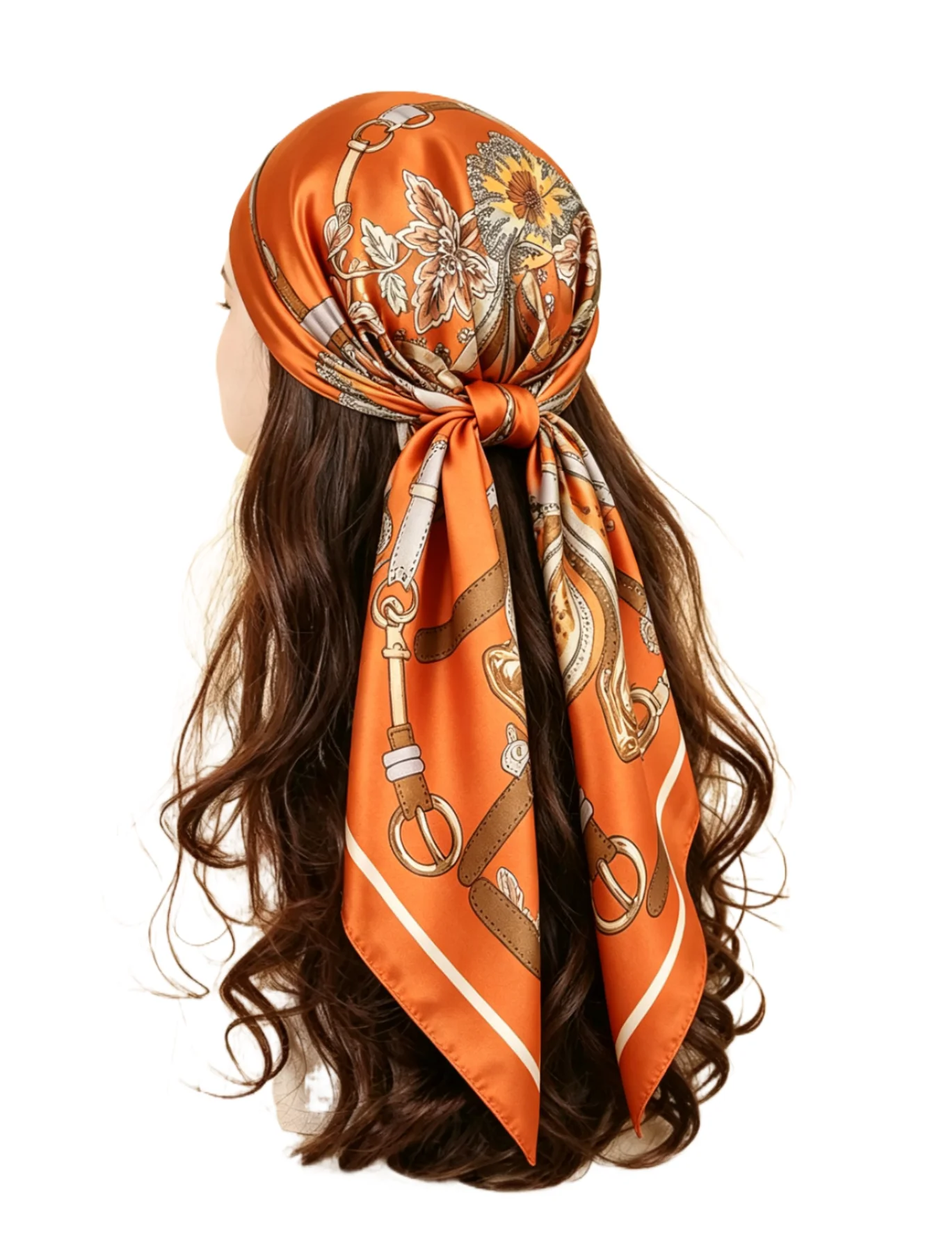 1pc Orange Faux Silk Chain Print Small Square Scarf/Bandana, New Stylish Silk-Like Print Scarf/Headband/Belt Decor For Women