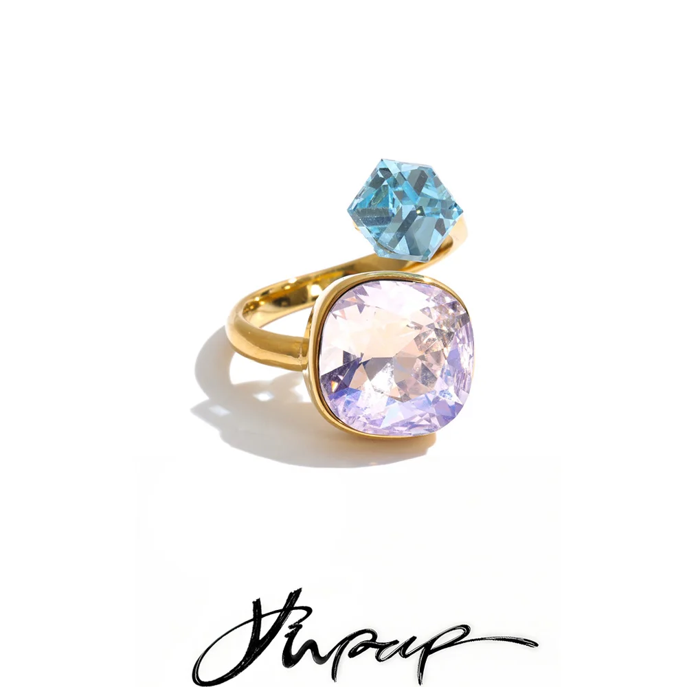 Yhpup New Arrivals Stainless Steel K9 Crystal Square Finger Ring for Women Exquisite Trendy Fantasy Jewelry Gift