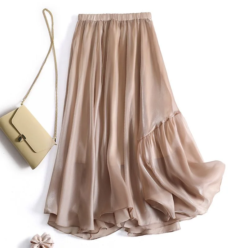 Women's Beige Chiffon Maxi Skirt Ruffled Loose Casual Long Skirt