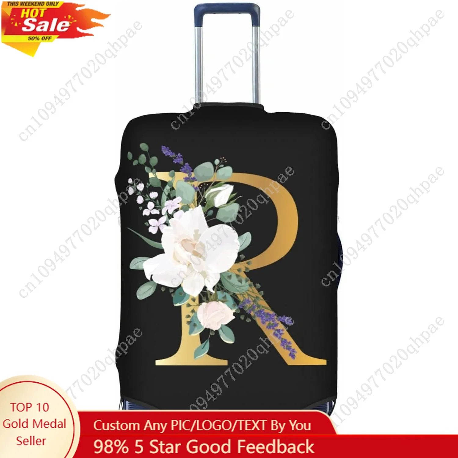 

Flower Letter R Black Luggage Cover Elastic Washable Stretch Suitcase Protector Anti-Scratch Travel Suitcase Cover for Kid and A