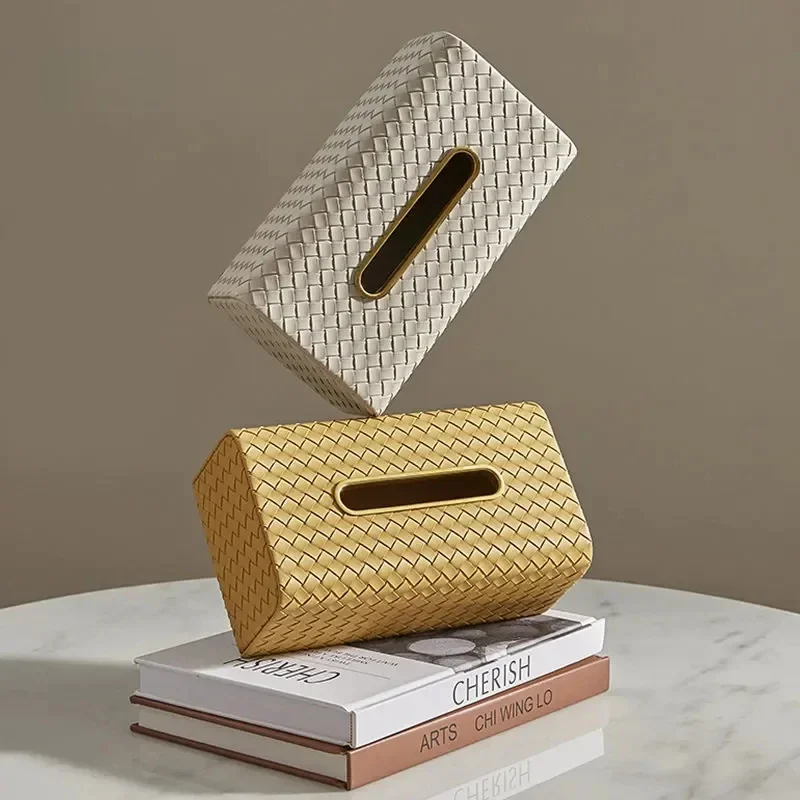 Nordic Organization Leather Tissue Boxes Light Luxury Golden Stroke Solid Color Napkin Holder Home Decoration Tissue Box Cover