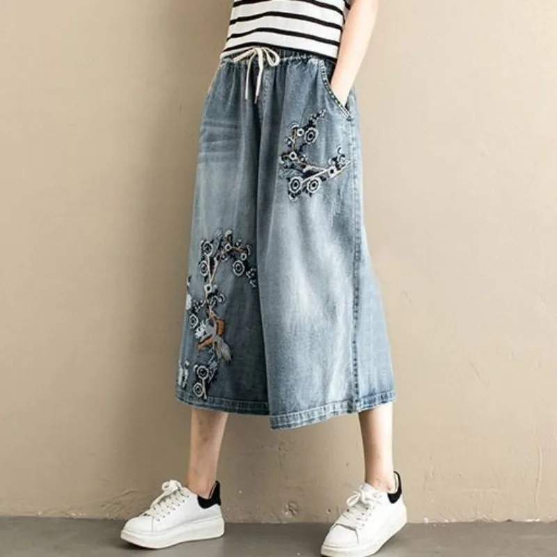 

Y2k jeans 2026 New Wide Leg High Waist Jeans Women Summer Thin Embroidered 7/10 Pants Loose Slim Plus Size Denim Trousers
