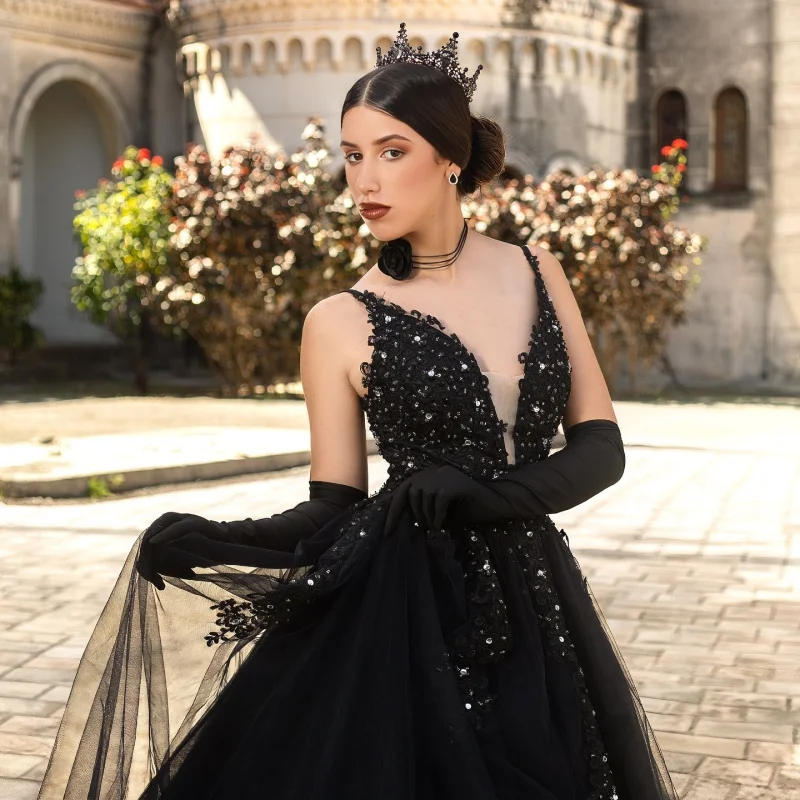Black Women's Dresses for Party Robe Prom Gown Turkish Sequin 3D Flower Decal Evening Gowns Glitter Long Suitable Request