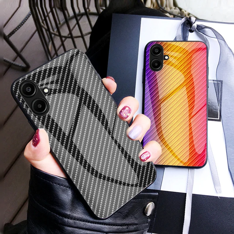 For Samsung A06 A065F Case Carbon Fiber Grain Tempered Glass Hard Back Cover Phone Case Silicone Bumper for Samsung Galaxy A06