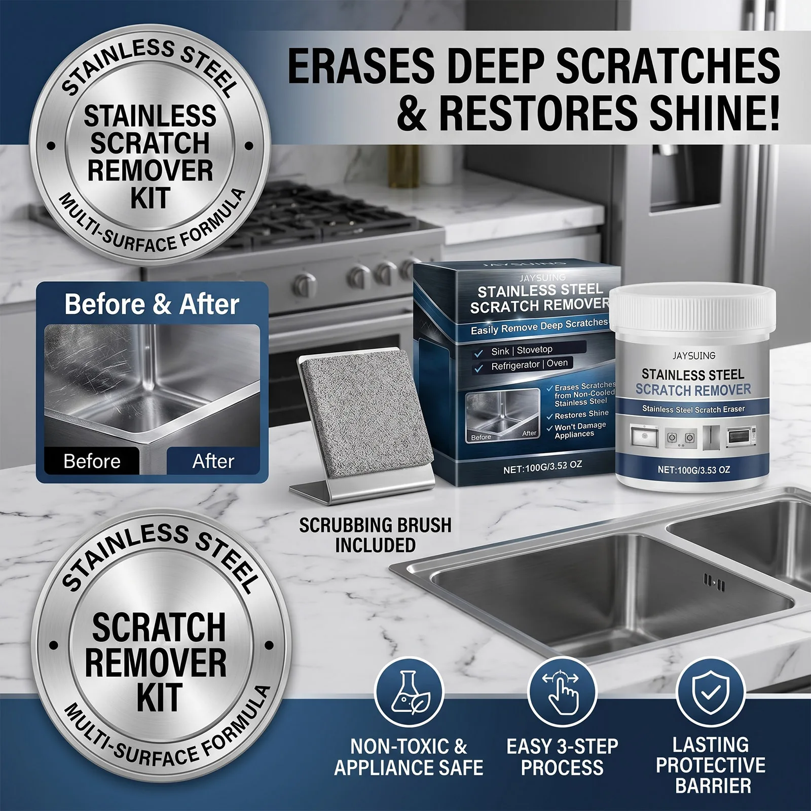 100g Stainless Steel Scratch Remover Kit with Towel Kitchen Sink Stove Polish Cleaner Remover Kitchen Restoration Care Product