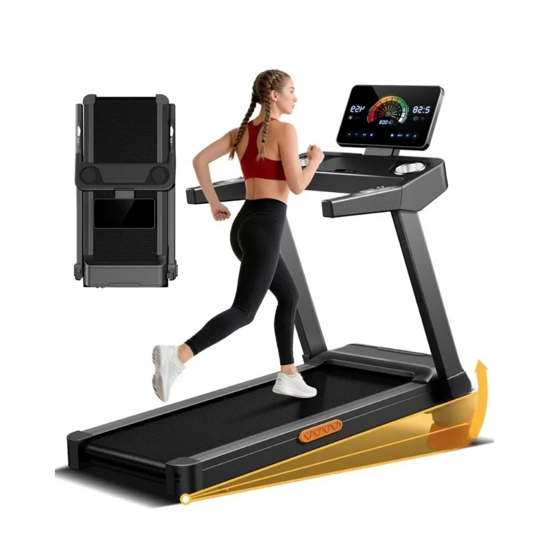 The treadmill can be tilted and folded, supports up to 400 pounds, and features a quiet, brushless handle pulse sensor