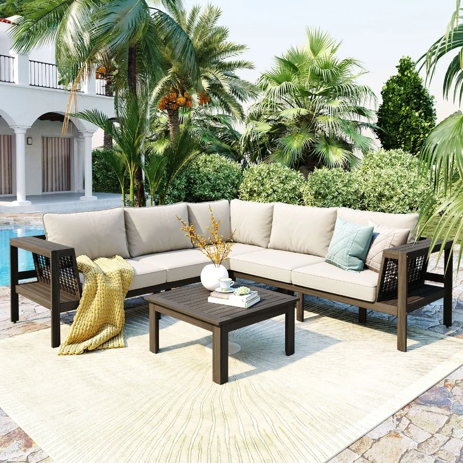 

GO 4 Pieces Outdoor Acacia Wood Sofa Set Woven Mesh Armrests LShaped Patio Furniture Sofa Set with Coffee Table Outdoor Convers