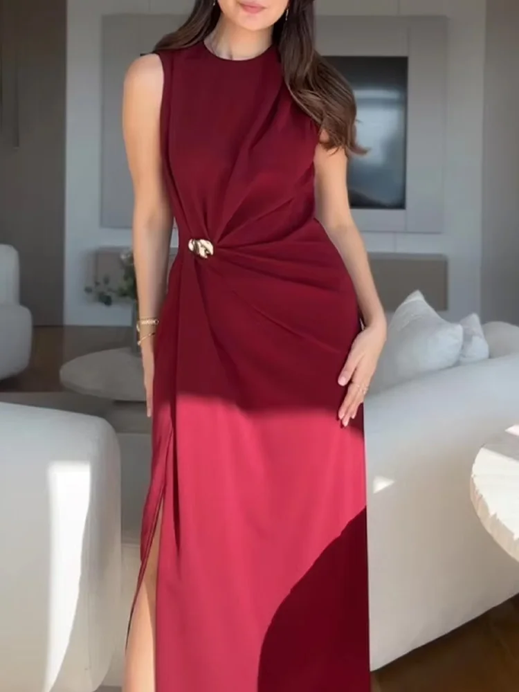 HH المرأة الصيف موضة الجولة الرقبة بلا أكمام خط المخلوطة فستان ميدي أنثى مثير أنيقة سليم مطوي هيم شق فستان طويل