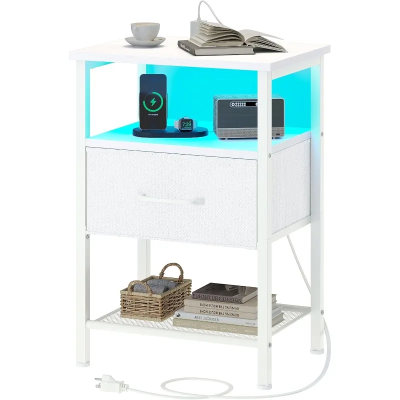 Night Stand, End Table with Charging Station, LED Bedside Table with Fabric Drawer for Bedroom,Side Table with Open Shelf