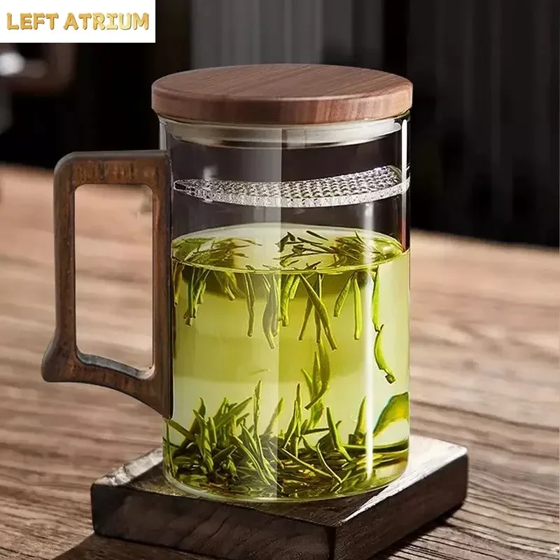550ml Heat-Resistant Brewing Loose Tea Glass Cup With Crescent Filter Wooden Handle Tea Cup Office Tea Maker Drinkware